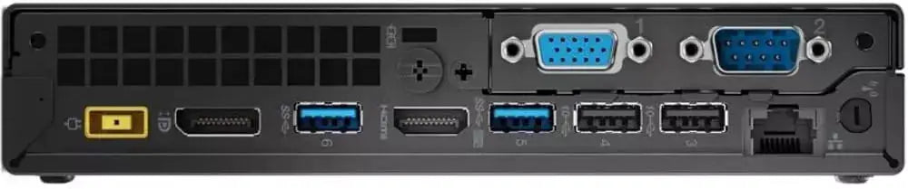 Retro del Mini PC Lenovo M920q con porte VGA, USB, HDMI e Ethernet. Connettività completa per uso professionale. Retro del Mini PC Lenovo M920q con porte VGA, USB, HDMI e Ethernet. Connettività completa per uso professionale.